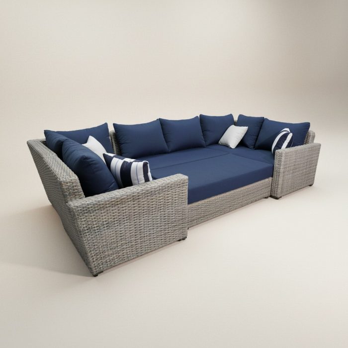 All-Weather PE Rattan U-Shaped Sofa with Navy Blue Cushions