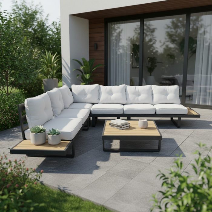 Modern Aluminum Platform Sectional Sofa with Built-in Polywood Tables