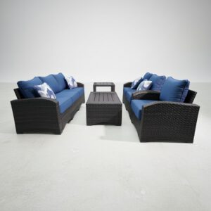 Premium All-Weather Wicker Patio Conversation Set with Navy Cushions