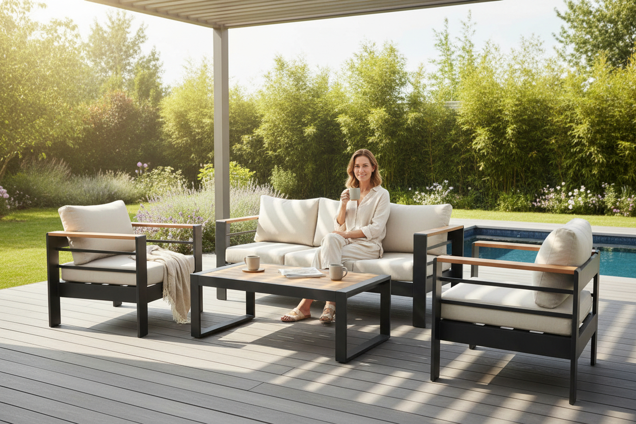 Bộ Sofa Ngoài Trời Khung Kim Loại Kèm Bàn Coffee – Giấy Dán Vân Gỗ - Image 8