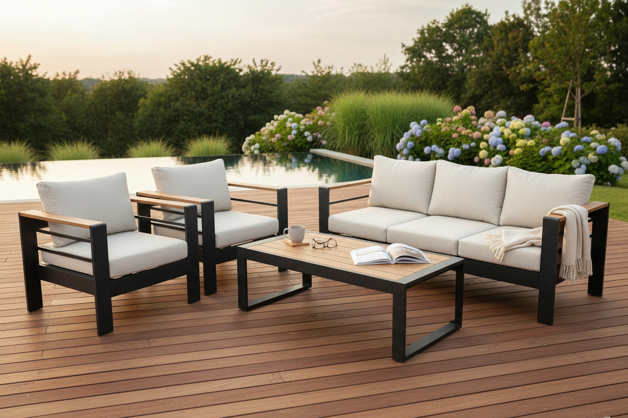 Bộ Sofa Ngoài Trời Khung Kim Loại Kèm Bàn Coffee – Giấy Dán Vân Gỗ - Image 10