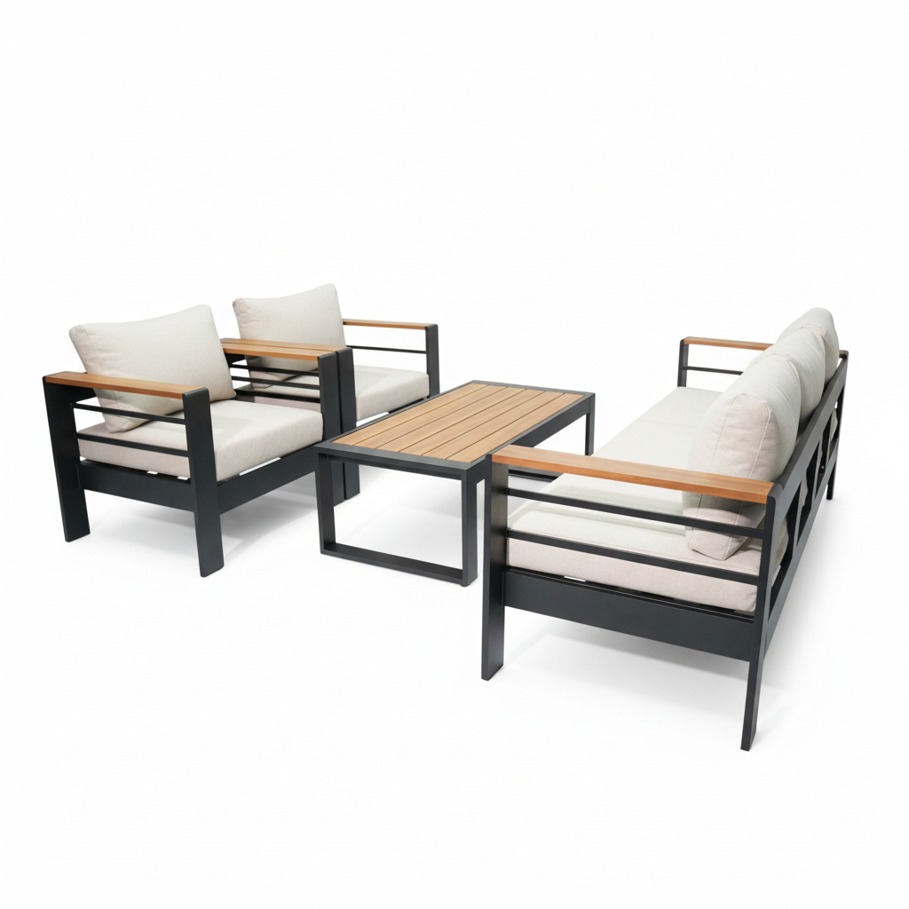 Bộ Sofa Ngoài Trời Khung Kim Loại Kèm Bàn Coffee – Giấy Dán Vân Gỗ